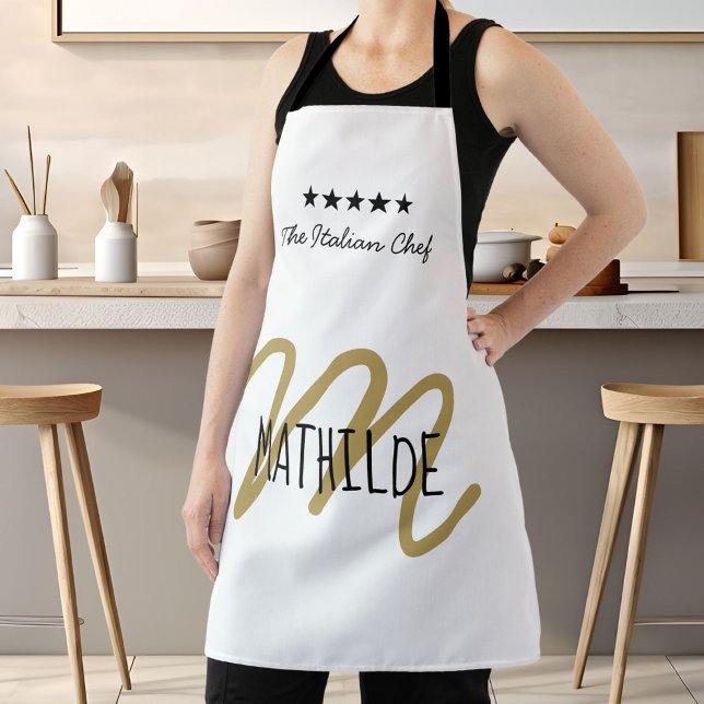 Tablier Chef Cuisinier Monogramme Moderne Nom (Chef Monogram White Gold Modern Typography Name Apron)