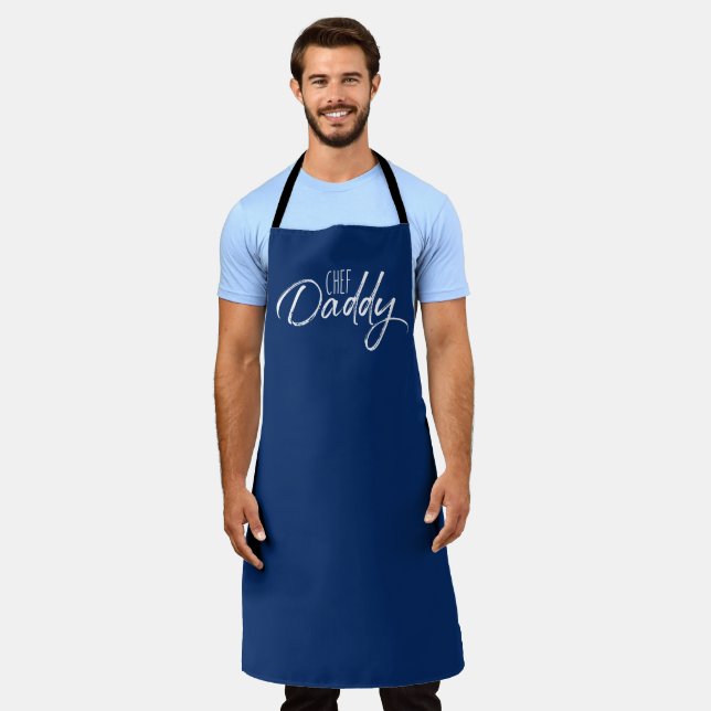 Tablier Chef Daddy Typographie blanche Moderne Bleu (Porté)