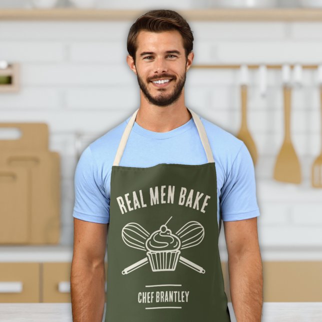 Tablier Chef masculin Nom personnalisé Cuisine Baking Apro ("real men bake" funny men's cooking baking apron with custom name cupcake and whisk design green )