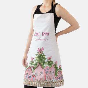 Tablier Chef (Nom) Pink Village Bow Tree Christmas Apron