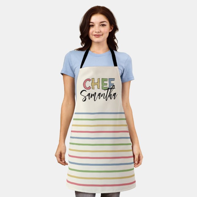 Tablier Chef Personnalisé Stripes Colorées Cute Cadeau (Porté)