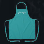 Tablier Chef Personnalisé Turquoise Script Turquoise fémin<br><div class="desc">Montrez votre style tout en cuisine avec ce Womens Turquoise Script Personnalisé Chef Apron. Le nom est conçu dans un élégant script blanc centré sur l'avant d'un tablier solide turquoise. Idéal pour protéger les vêtements contre les taches et les déversements pendant la cuisine. Disponible en différentes couleurs. Cliquez sur l'option...</div>