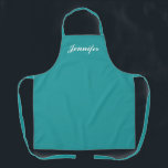 Tablier Chef Personnalisé Turquoise Script Turquoise fémin<br><div class="desc">Montrez votre style tout en cuisine avec ce Womens Turquoise Script Personnalisé Chef Apron. Le nom est conçu dans un élégant script blanc centré sur l'avant d'un tablier solide turquoise. Idéal pour protéger les vêtements contre les taches et les déversements pendant la cuisine. Disponible en différentes couleurs. Cliquez sur l'option...</div>