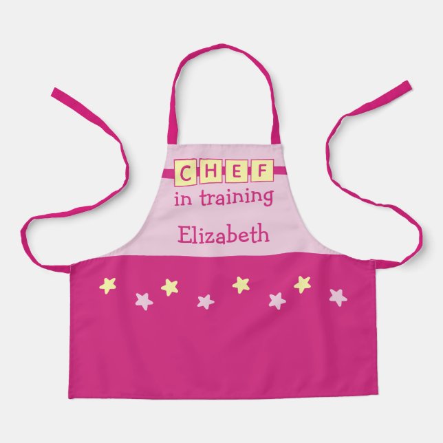 Tablier Chef pour enfants nom étoiles rose jaune (Recto)