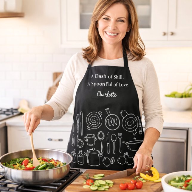 Tablier Chef ustensiles de cuisine noir blanc slogan scrip (Créateur téléchargé)