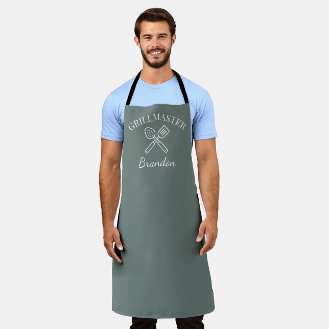 Tablier Chef vert élégant masculin Nom Grillmaster moderne (Porté)