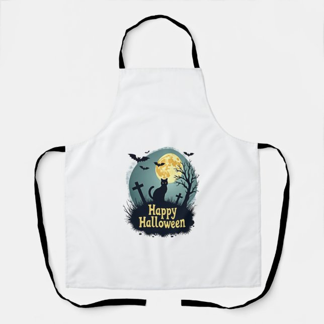 Tablier Chemise Joyeux Halloween avec Chat dans Cimetière  (Recto)