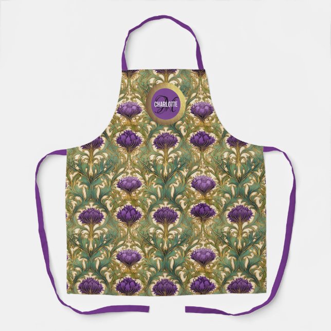 Tablier Chic Art nouveau violet or chardon nom monogramme (Recto)