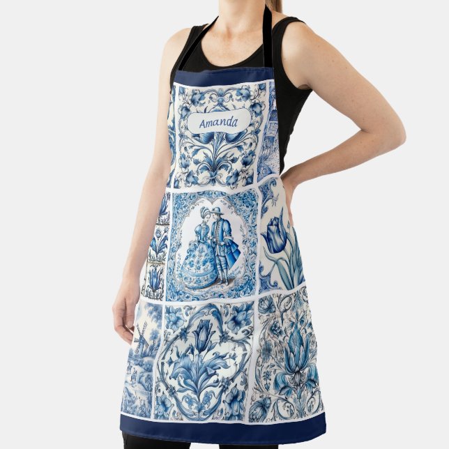 Tablier Chic Bleu cadre blanc toile de jouy monogramme (Insitu)