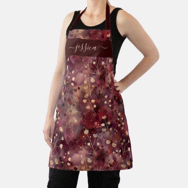Tablier Chic burgundy gold abstract floral name apron (Insitu)
