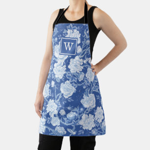 Tablier Chic Delft Bleu Blanc Chinoiserie Fleur Monogramme
