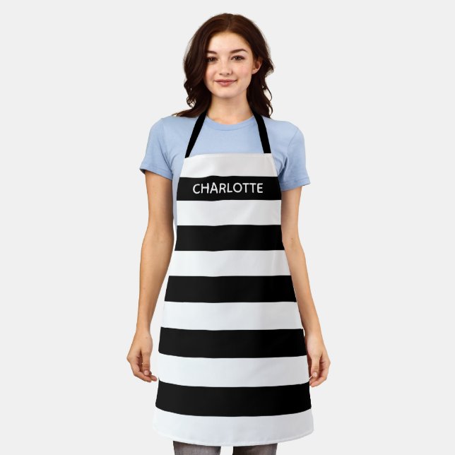 Tablier Chic rayures noir et blanc nom monogramme personna (Porté)
