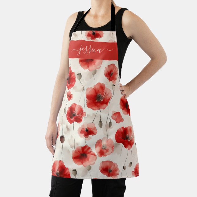 Tablier Chic red poppies script name apron (Insitu)