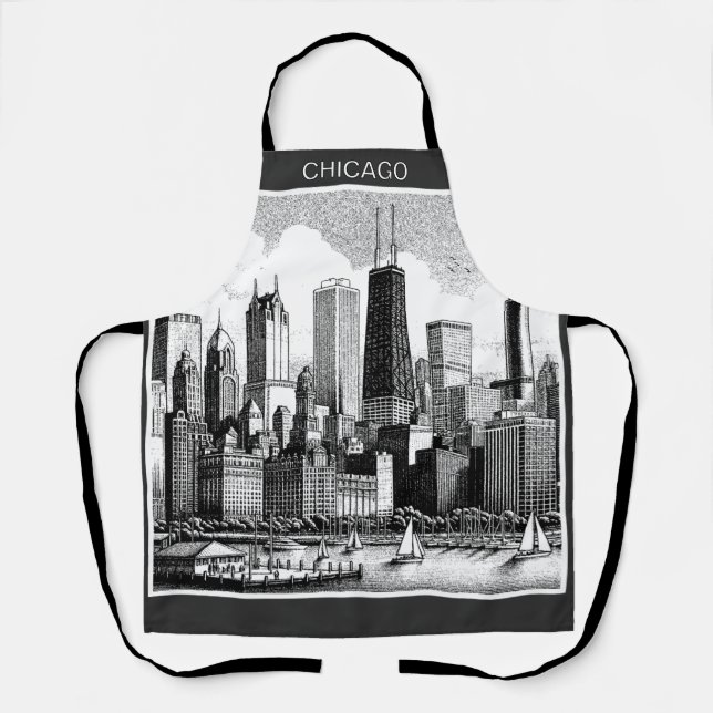 Tablier Chicago Skyline Moderne Noir Blanc  (Recto)