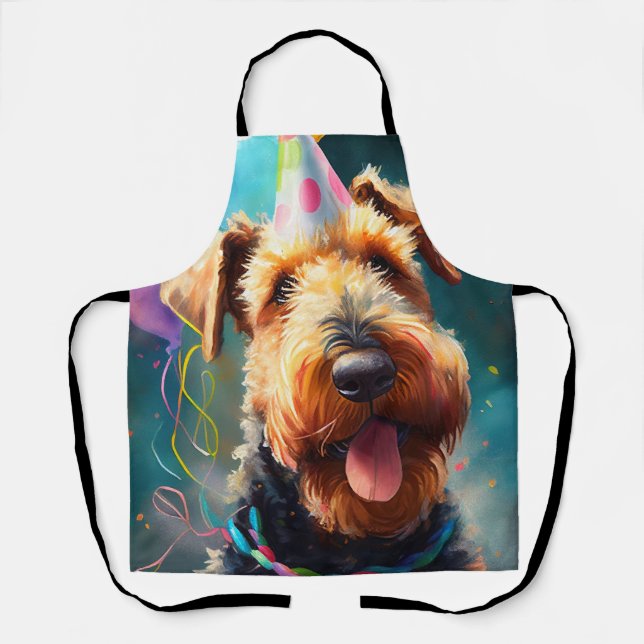 Tablier Chien Airedale avec chapeau d'anniversaire et ball (Recto)