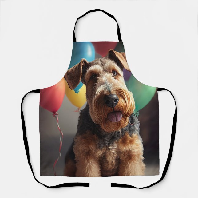 Tablier Chien Airedale avec gâteau et ballons (Recto)