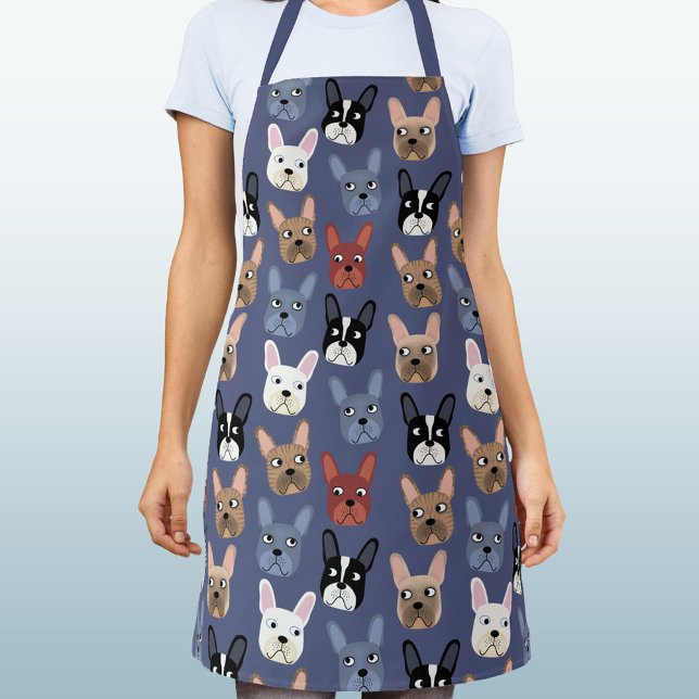 Tablier Chien bleu roux (Fun French Bulldog dusty blue dog pattern apron for animal lovers)