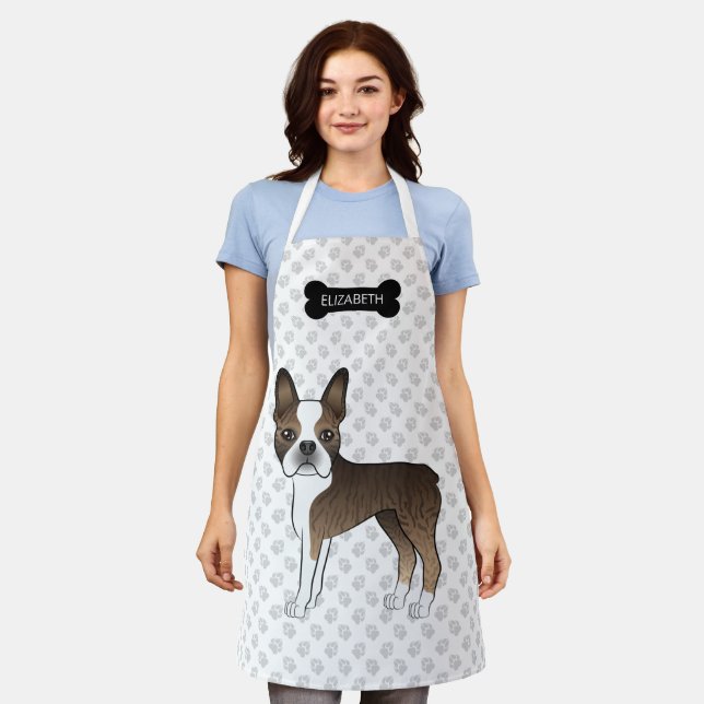 Tablier Chien de dessin animé Boston Terrier Bringé & nom  (Porté)