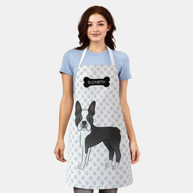 Tablier Chien de dessin animé Boston Terrier noir et blanc (Porté)