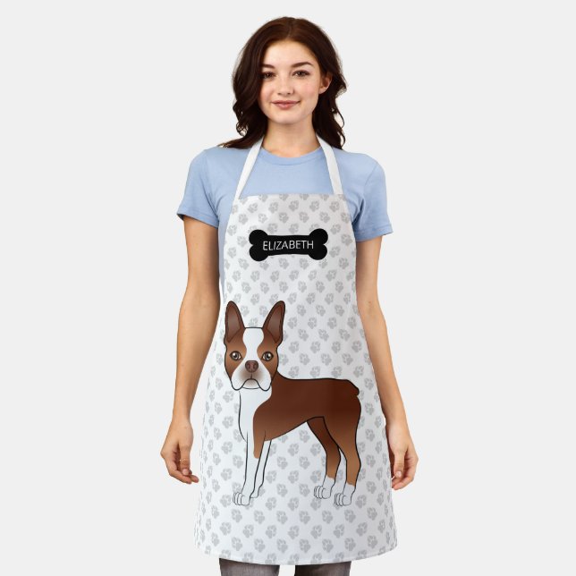 Tablier Chien de dessin animé Boston Terrier rouge avec os (Porté)