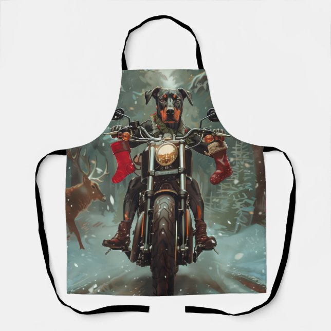 Tablier Chien Doberman à moto Noël (Recto)