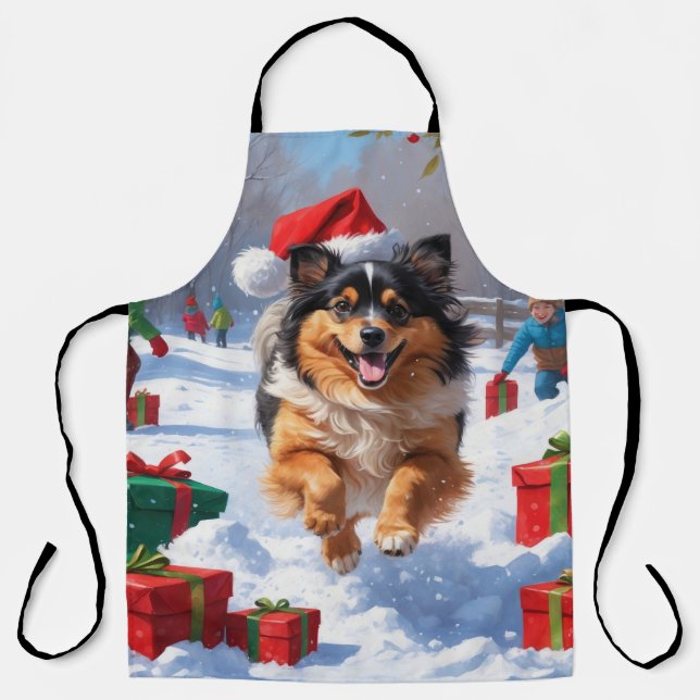 Tablier Chien Keeshond courant dans la neige avec un chape (Recto)