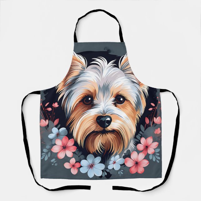 Tablier Chien mignon Yorkshire Terrier Fleurs (Recto)