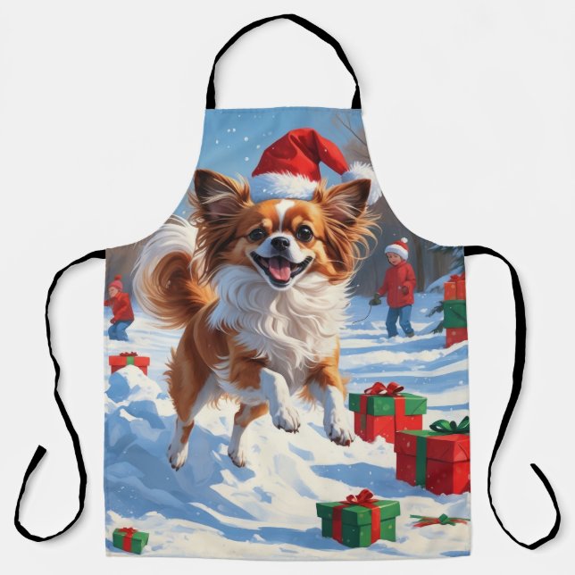 Tablier Chien Papillon courant dans la neige avec un chape (Recto)