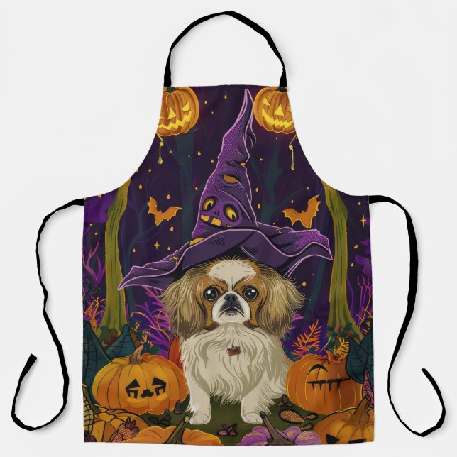 Tablier Chien Pékin Spooky Halloween Sorcière Et Citrouill (Recto)
