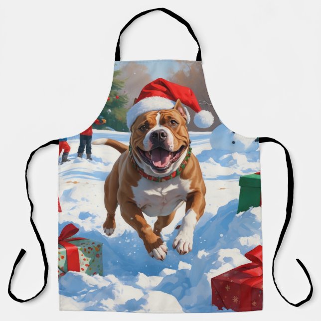 Tablier Chien Pitbull courant dans la neige avec un chapea (Recto)