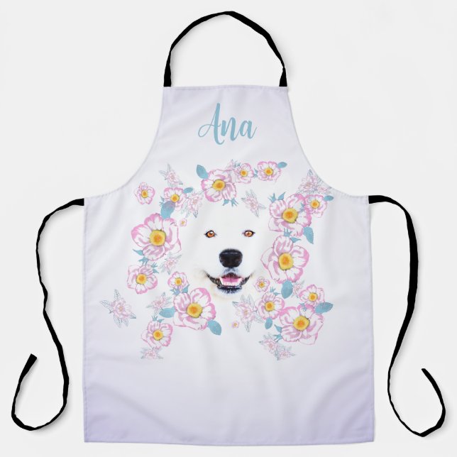 Tablier Chien Samoyed et fleurs roses, nom customisé (Recto)