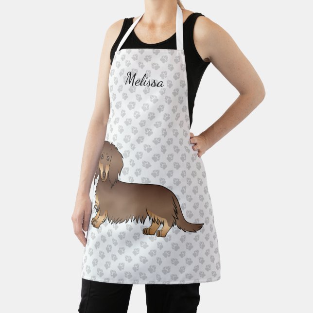 Tablier Chien teckel à longs poils chocolat et feu & nom (Insitu)
