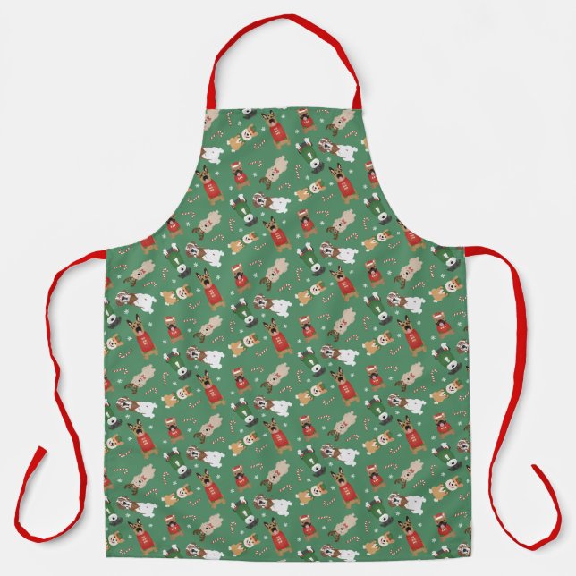 Tablier Chiens de Noël Motif Rouge Vert (Recto)