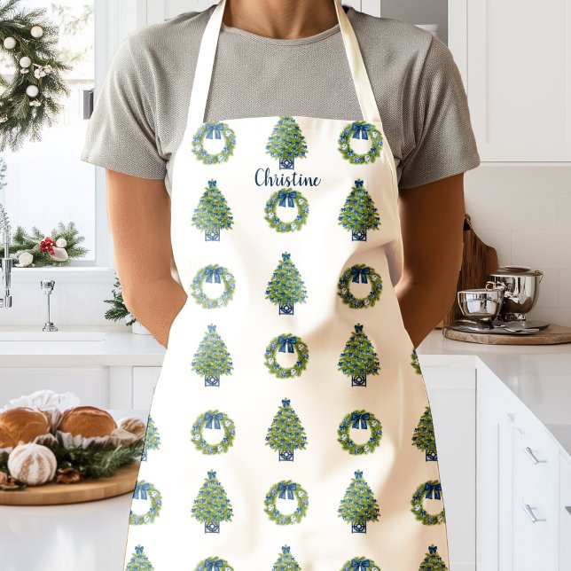 Tablier Chinoiserie Arbres de Noël Wreath Personnalisé (Personlaized Name Chinoiserie Christmas Apron White)