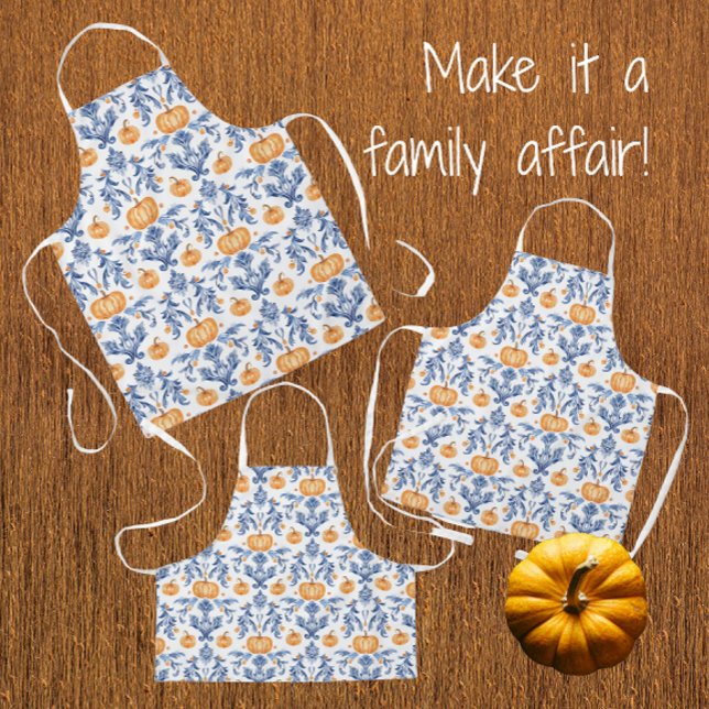Tablier Chinoiserie Automne Bleu Blanc Citrouilles Orange (Fun Autumn pumpkin aprons for the whole family!)