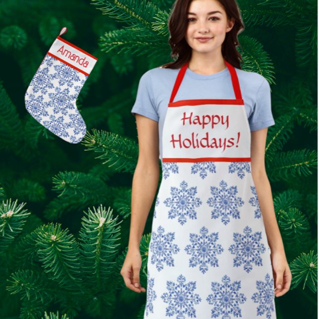Tablier Chinoiserie bleu blanc rouge flocons de neige pers (Personalize with your own message!)
