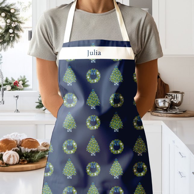 Tablier Chinoiserie bleu marine de Noël (Chinoiserie Christmas Apron Navy Blue)