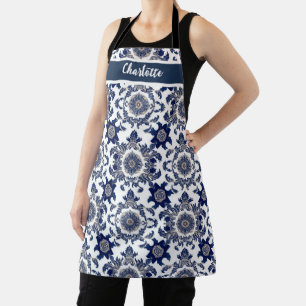 Tablier Chinoiserie Chic Motif Fleur Bleu Marine