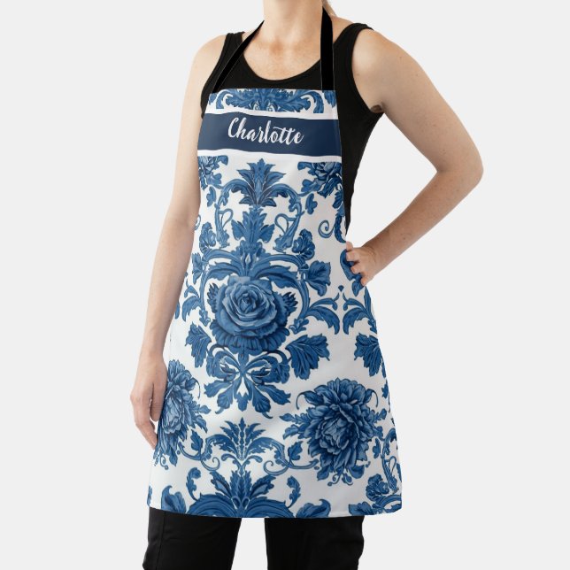 Tablier Chinoiserie Chic Motif Fleur Bleu Marine (Insitu)
