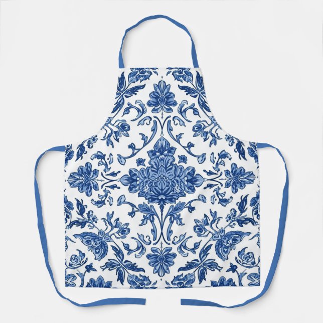 Tablier Chinoiserie florale bleue aquarelle blanche (Recto)