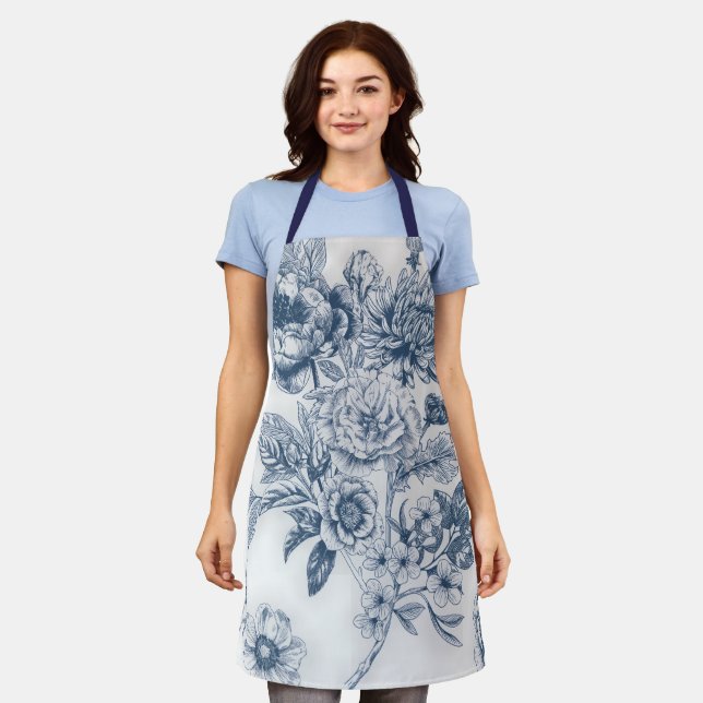Tablier Chinoiserie Florale Vintage Bleu (Porté)