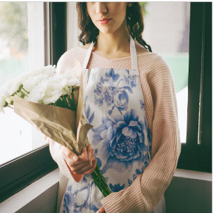 Tablier Chinoiserie papillon bleu blanc Roses 