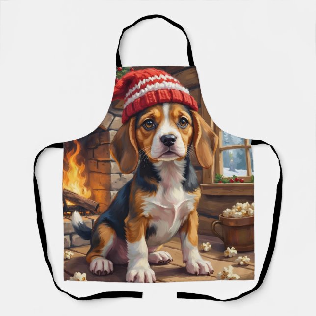 Tablier Chiot Beagle Joyeux dans un Bonnet de Tricot Cosy (Recto)