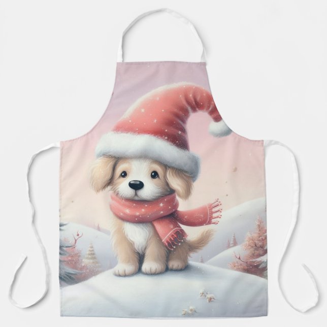 Tablier Chiot de Noël mignon avec un chapeau de Père Noël (Recto)