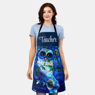 Tablier Chouette Abstraite lunaire bleu vert floral