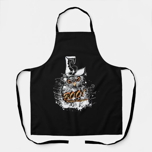Tablier Chouette d'Halloween avec casquette sorcier (Recto)