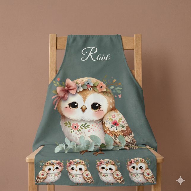 Tablier Chouette Florale Mignonne avec un Nœud (Cute Floral Owl with Bow Apron Draped Over Chair)