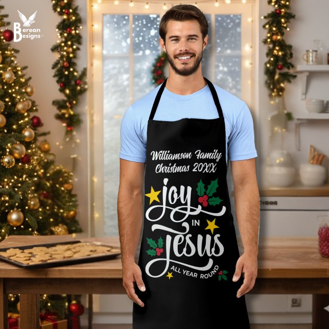 Tablier Christmas Family JOY IN JESUS Custom Christian  (Black personalized JOY IN JESUS matching family apron with typography and customizable name)