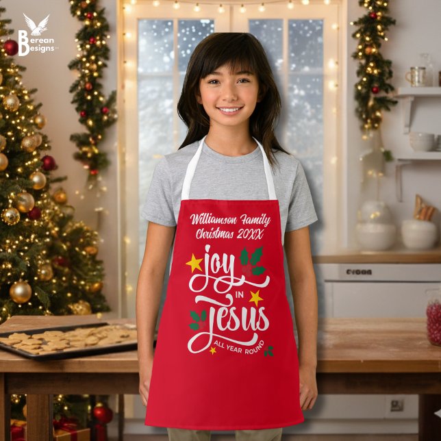 Tablier Christmas Family JOY IN JESUS Custom Christian  (Red personalized JOY IN JESUS matching family apron with typography and customizable name)