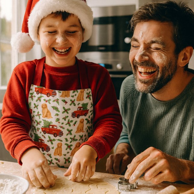 Tablier Christmas Red Truck Pattern Kids  (A Christmas moment: making cookies with dad while wearing cute red-truck digital watercolor apron.)